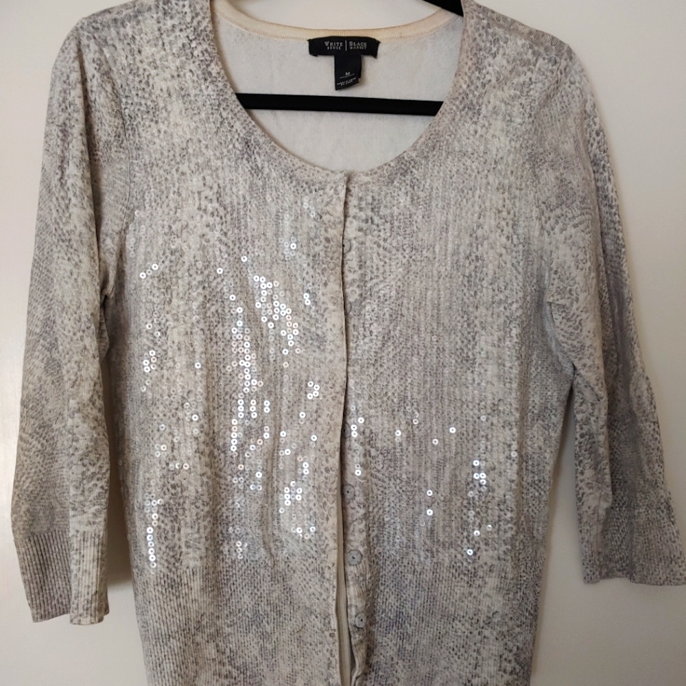 White House Black Market Cream Sequin Cowl-Neck Sweater